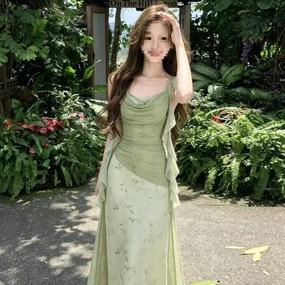 Summer New Pure Desire Suspender Dress Green Printing Slim Temperament Long Dress Seaside Vacation Atmosphere
