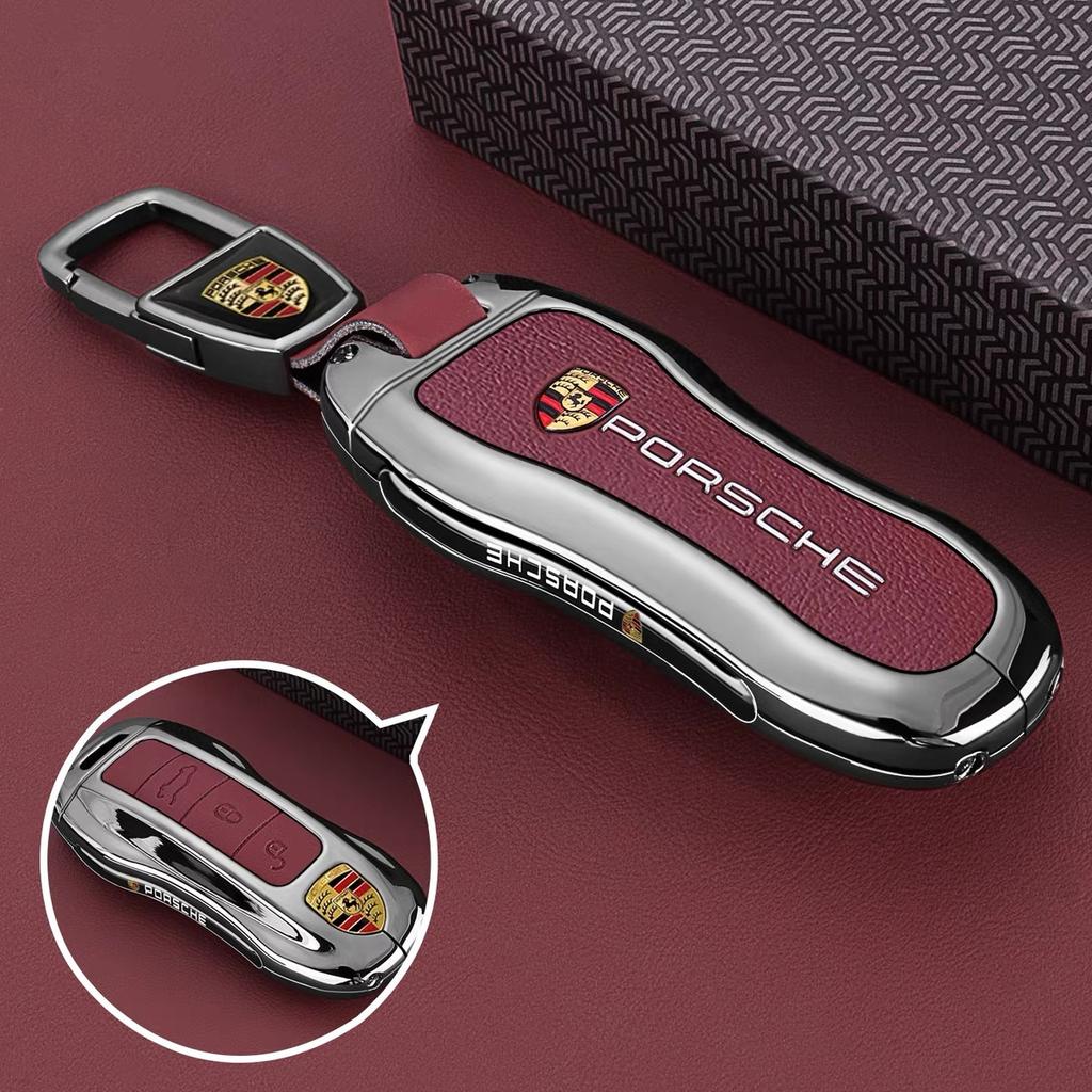 Zinc Alloy Leather Car Key Case Full Cover Protector For Porsche Cayenne Panamera Macan Cayman 718 911 Taycan Accessory Sticker EFD1