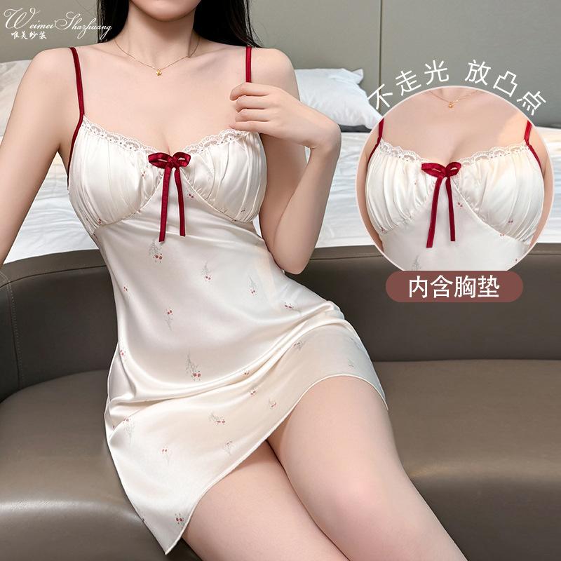 

Summer sexy suspender nightdress lace with chest pad thin nightdress Korean version polka dot sweet bow floral dress M