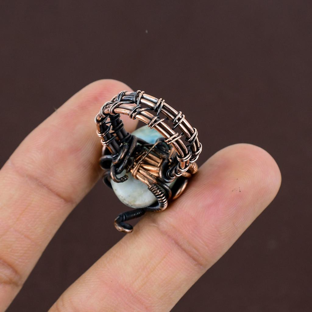 Natural Republic Larimar Gemstone Handmade Copper Wire Wrap Ring Size 7 T0d49