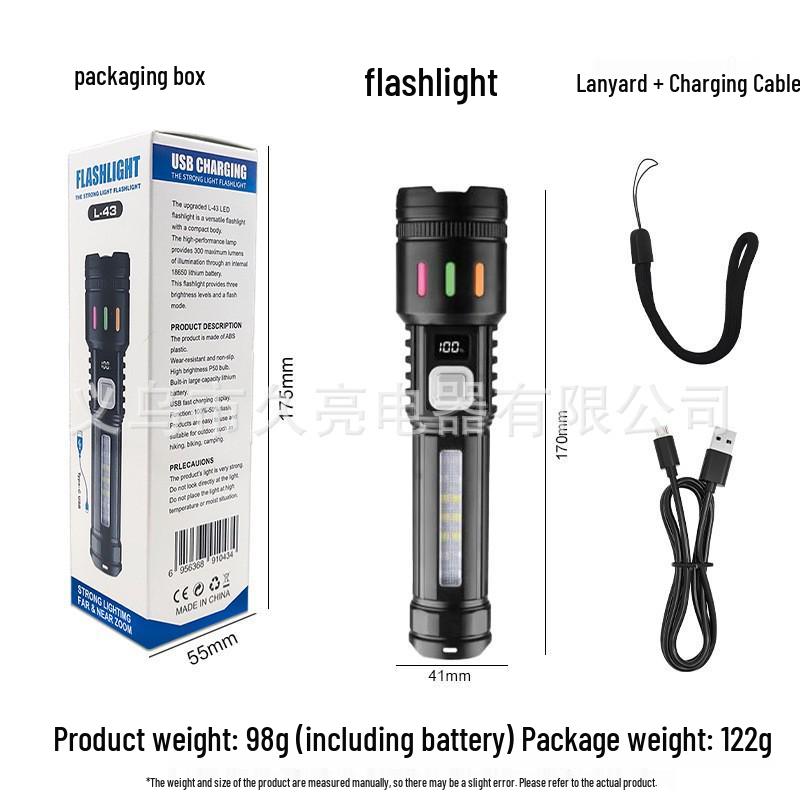 White Laser Flashlight with Telescopic Focus, LCD Display, Long Range, Rechargeable Battery, and Emergency Features