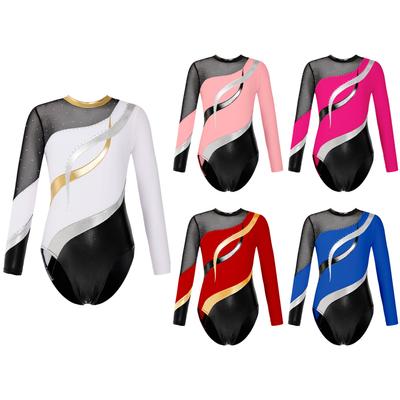 Kids Girls Long Sleeve Hollow Back Shiny Rhinestone Decor Dance Leotards for Gymnastics Training Wear