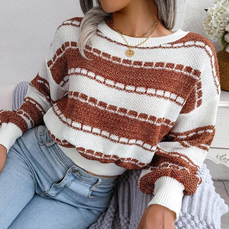Long Sleeve Loose Knit Sweater for Women O Neck All Match Contrast Fall Winter S-L