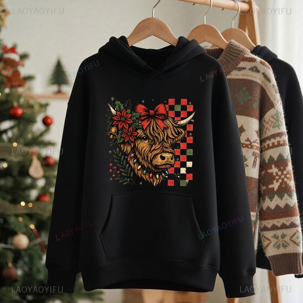 

Цветочный клетчатый рождественский худи с горной коровой и Санта-Клаусом для женщин, преппи рождественский худи с длинным рукавом и спущенным плечом, спортивный костюм 3XL