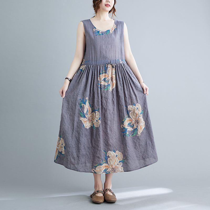 Abiti Estivi Vintage Stampati da Donna Senza Maniche Moda Ampi Vacanza Spiaggia Abito Sottile Eleganti Vestidos Robe Femme