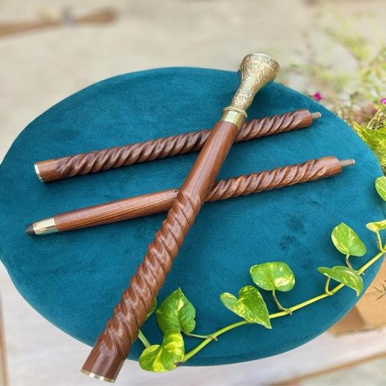 Engraved Flowers Walking Stick, 3 Foldable Solid Brass Cane for Men and Woman, Round Brass Handle, Victorian Cane, Dad Gift, Christmas Gift