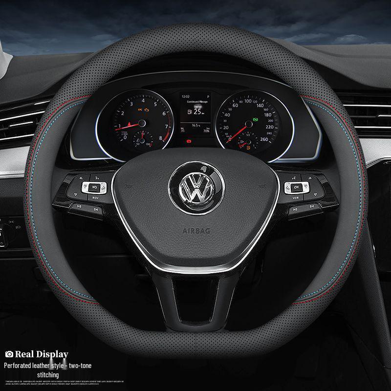 Volkswagen Steering Wheel Cover for Lavida, Bora, Sagitar, Magotan, Santana, Lamando, Tiguan L, Tayron - Four Seasons Genuine Leather.