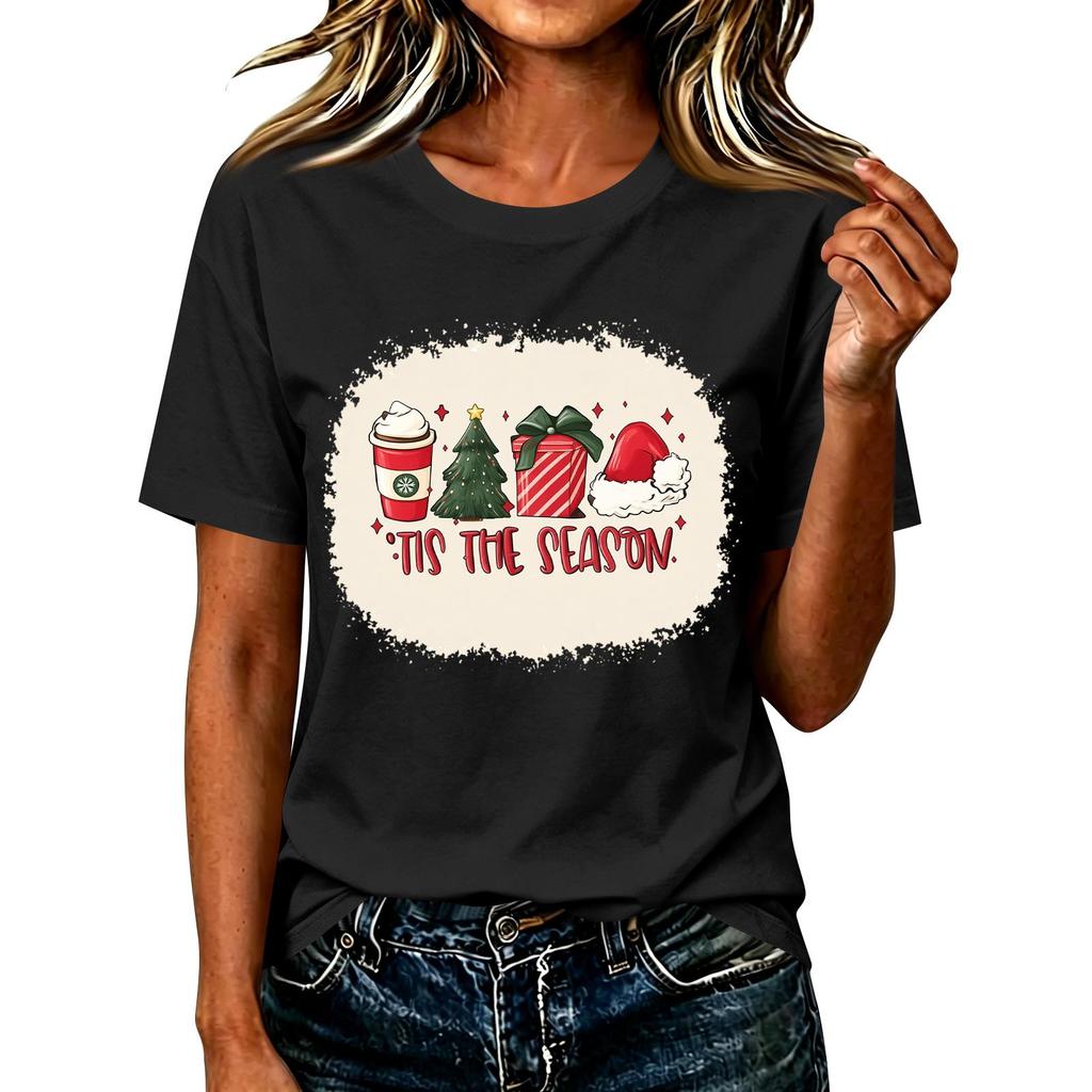 Women's Casual Christmas Print Short Sleeve T-Shirt Fashion Graphic Top for Holiday
