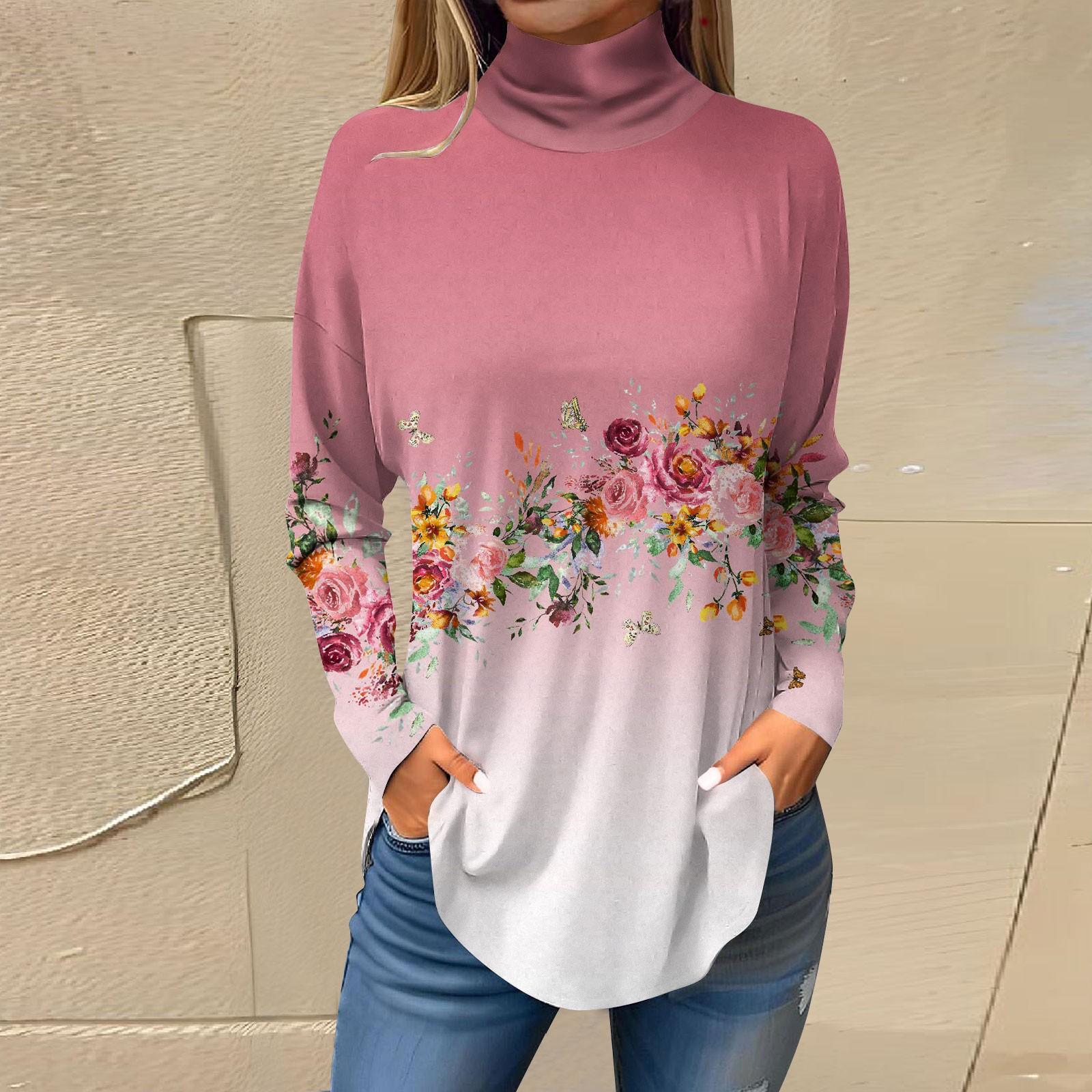

Футболки для женщин, осенние повседневные рубашки с длинными рукавами, толстовка с винтажным принтом, топ с высоким воротом, пуловер XL розовый