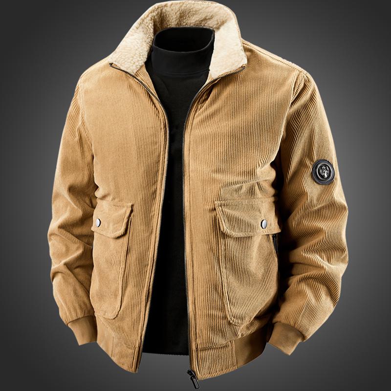 Men's Retro Corduroy Lambswool Jacket - Winter Warm Stand Collar, Mid-weight, Casual Style