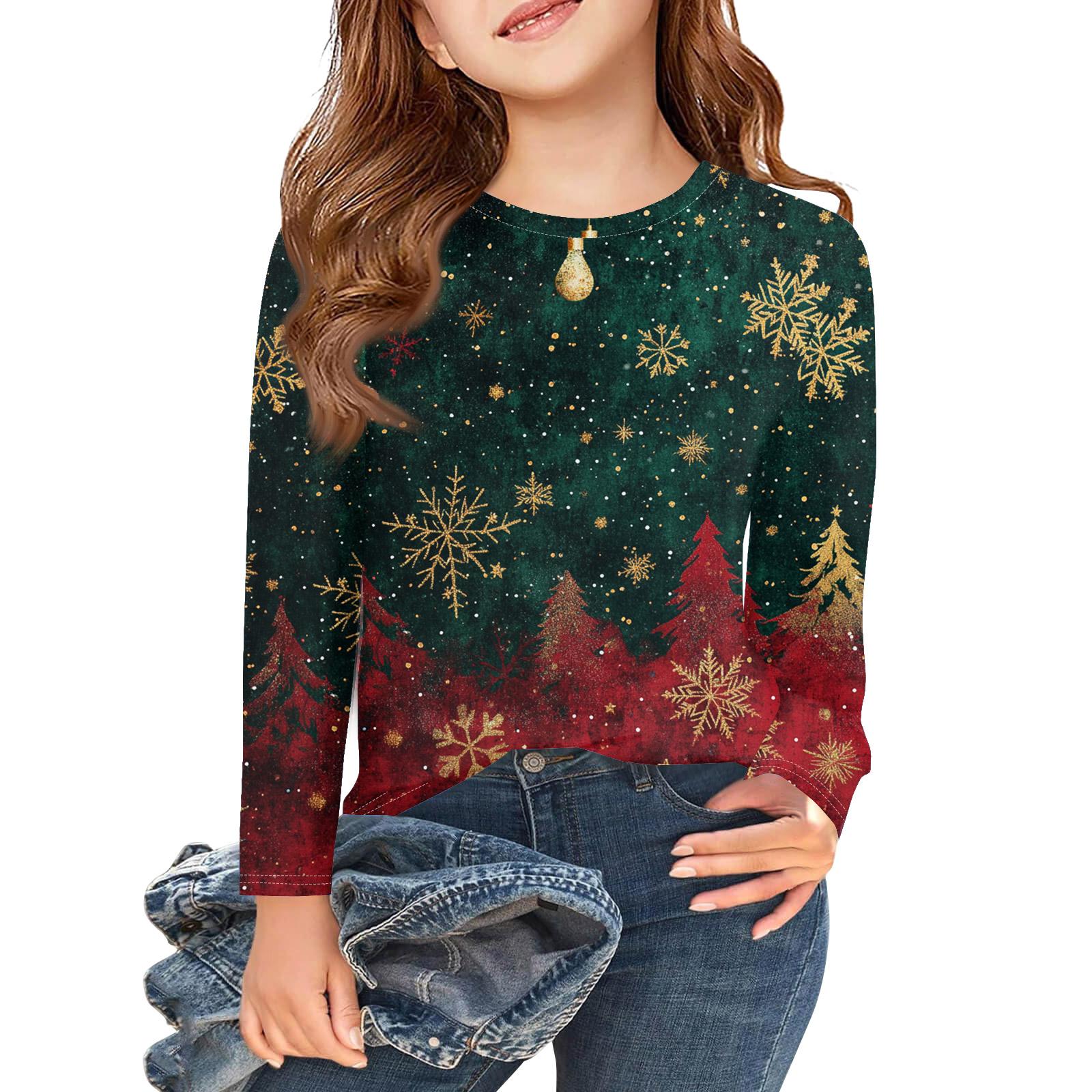 

Рождественские футболки с длинным рукавом для девочек, детские осенние топы с круглым вырезом и принтом, базовые футболки 160 зелёный