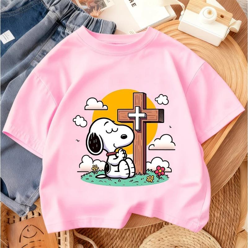 Fashion Cartoon Crew Neck T-shirt, Cute Casual Summer Children's Clothing, Snoopy