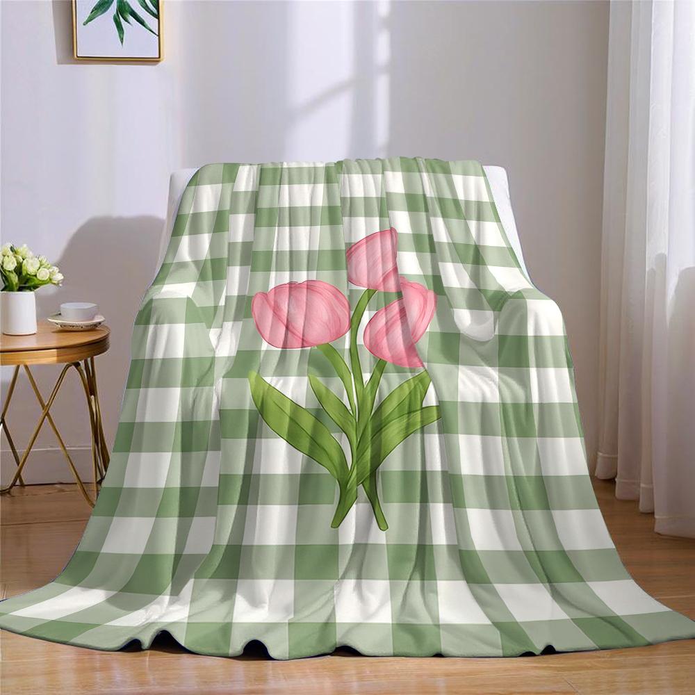 Gingham Tulip Flannel Blanket Warm Soft Halloween Christmas Couch Warm Cozy Decorative Decor Gift for All Season