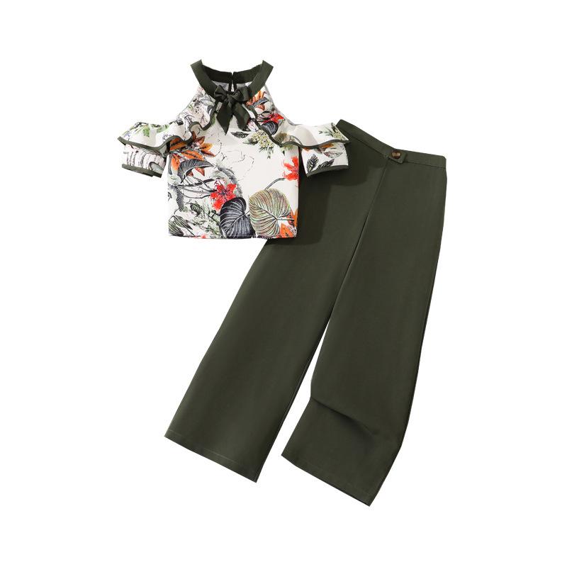 Girls' Fashionable Outfit - Summer Children's Elegant Short-sleeved Top and Wide-leg Pants Set