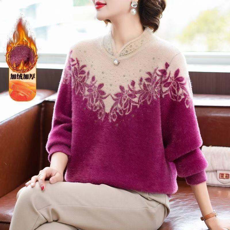 Women's Mink Fleece Sweater Autumn Winter Loose Plus Size Sweater Embroidered Pullover Fleece Thickened Flocked Knit Tops
