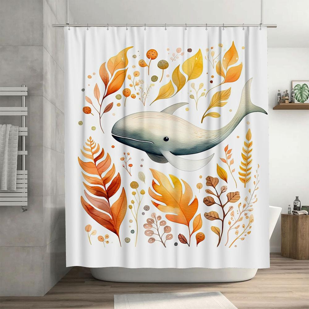 Colorful Leaves Whale Shower Curtain Home Decor Bathroom Wall Hanging Polyester Waterproof Bath Mat White and Yellow Leaves Desi
