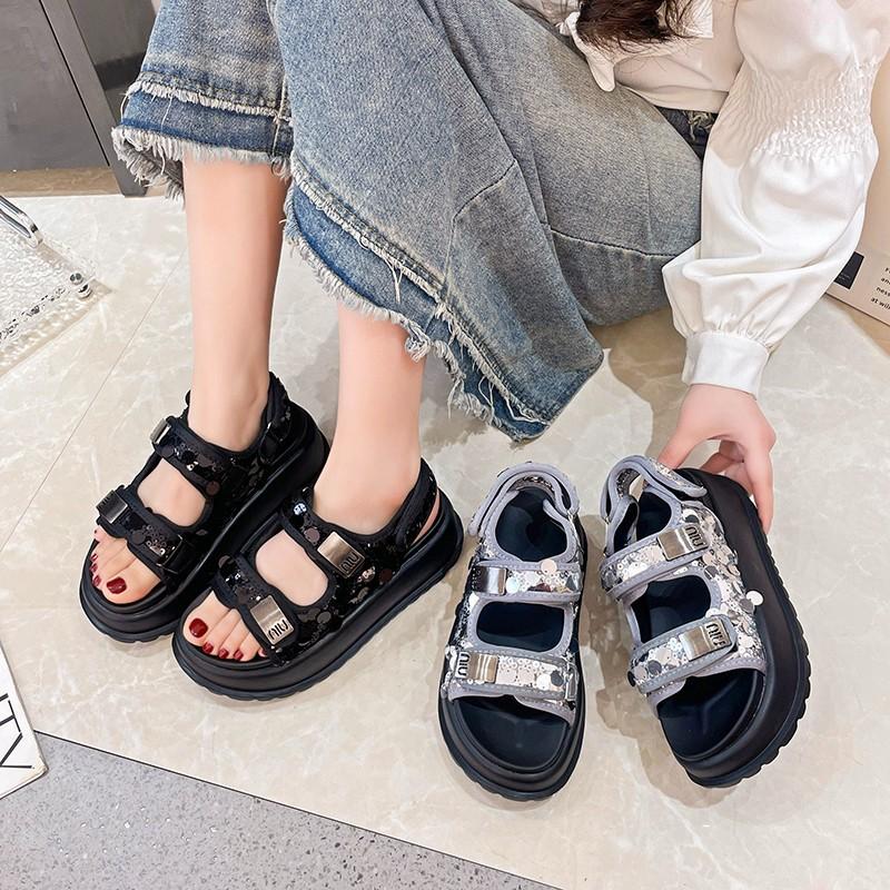 Sports Sandals Girl 2025 New Summer Fairy Wind Platform Muffin Shoes Velcro Sequins Seaside Beach Shoes