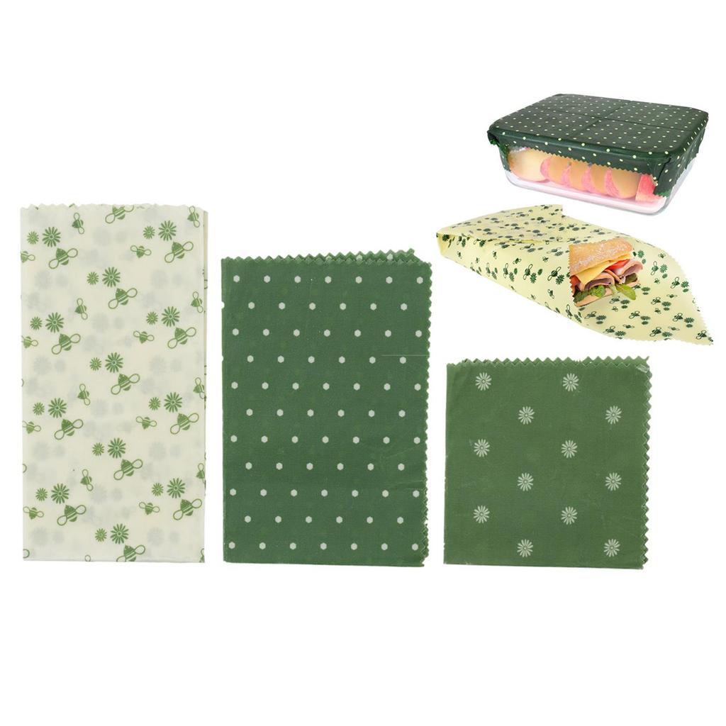 Les Trésors De Lily [A2888] - Set of 3 Green 'Beeswax' Food Wraps - 20x20, 20x30 and 35x35 Cm (reusable)