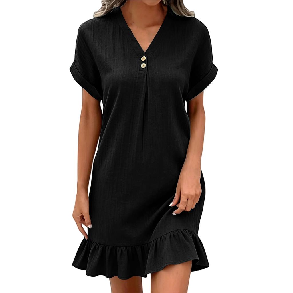 Women's Casual Pullover Dress V Neck Short Sleeve Button Detail Relaxed Fit Ruffle Hem Lightweight Fabric Summer Vacation Dress