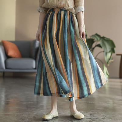 Summer Artistic Loose Patchwork Striped Skirts Cotton Linen Elastic Waist Women's Mid Length Skirt