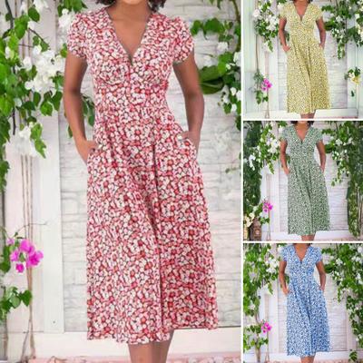Bohemia Style Midi Dress V-neck Short Sleeve High Waist Women Dress with Pockets Flowy Hem A-Line Dress