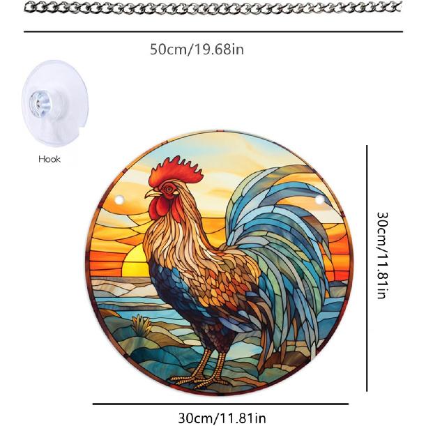 Rooster Sunrise Stained Window Hanging Indoor Outdoor Stained Suncatchers for Window Acrylic Panels Kitchen Bedroom Garden Wall Art Decoration Gifts