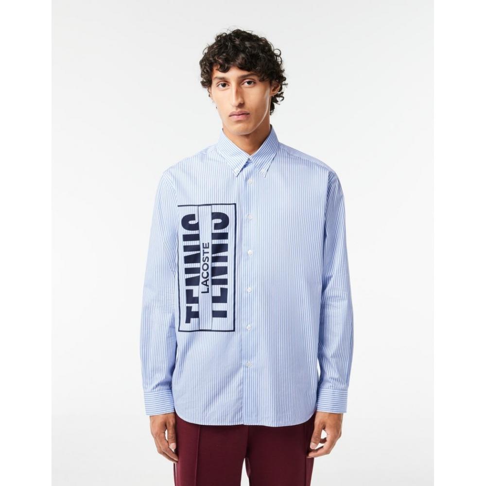 

LacoSte Men S tenniS Lettering Poplin Stripe Shirt Ch6378 53n F6z 038