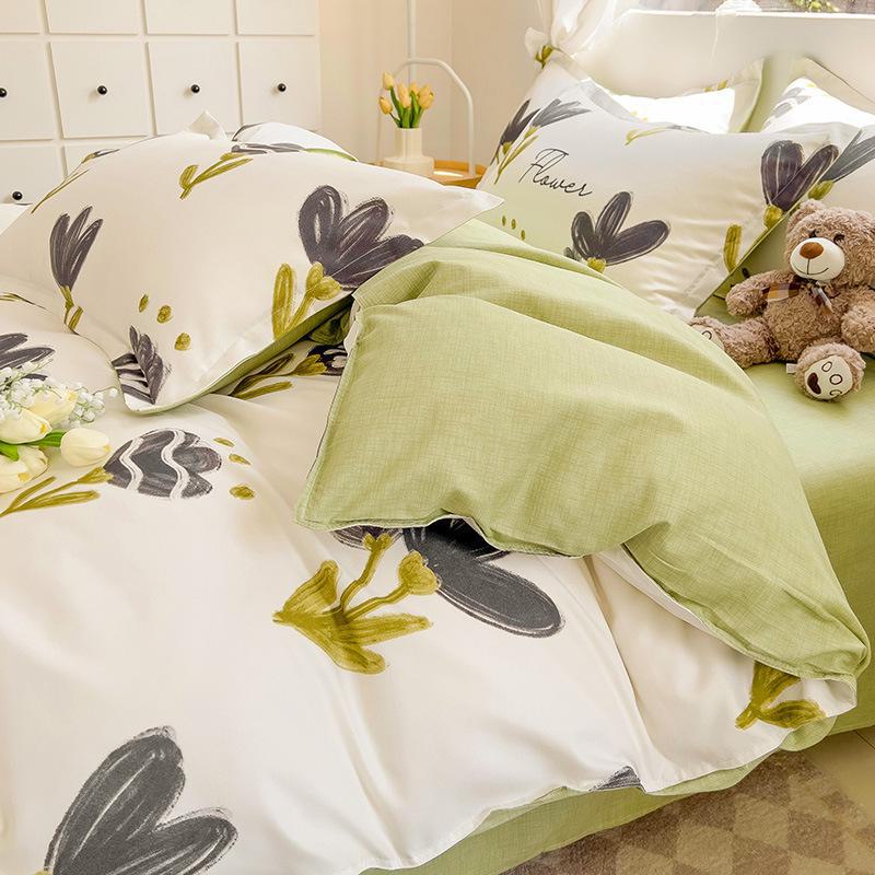 Fresh Literary Style Glutinous Cotton Bedding Set - Four-Piece Set for Dormitory or Home