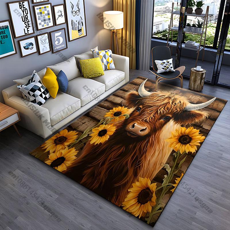 Hochlandkuh mit Sonnenblumen Teppich Yoga Wohnzimmer Zimmerdekoration Kinder Krabbelmatte Fußmatte Bereichsteppich Spielmatte