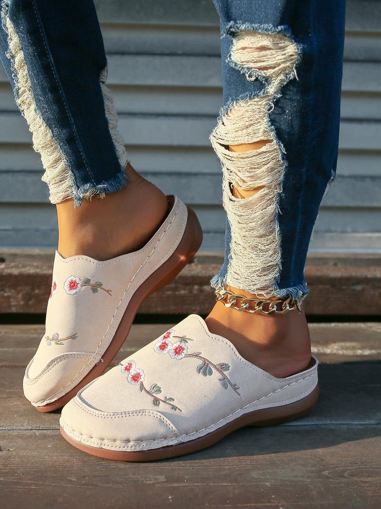 Fashion National style flower Baotou slippers women's shoes large size round head foreign trade wedges fashion wear half slippers