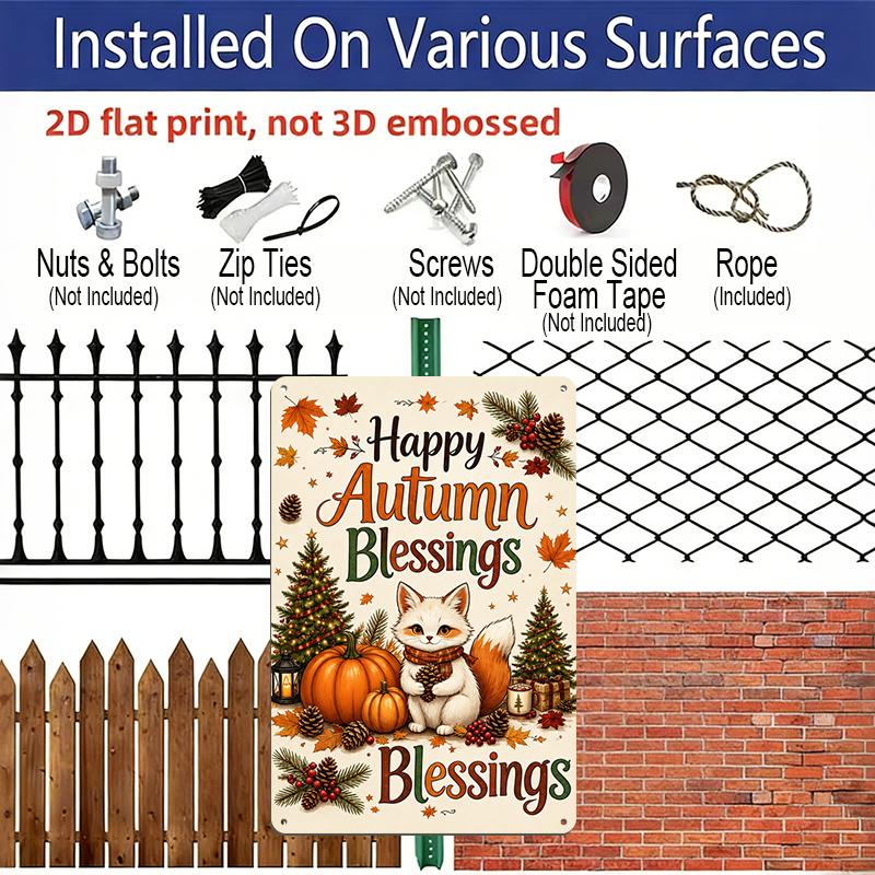 2D Flat Happy Autumn Blessings Cute Fox Pumpkin Maple Leaf Metal Sign - 8.0x12.0inch Aluminum Wall Art, Farmhouse Thanksgiving Halloween