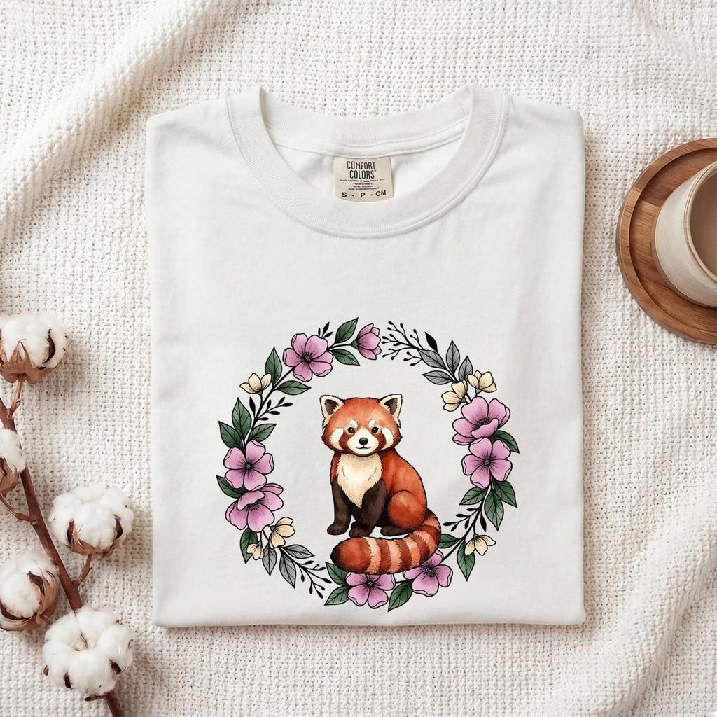 Red Panda Shirt Animals & Flowers Outdoors Gift Women Acrylic Tee Panda T-Shirt Wildlife Fan Painted Tshirt Nature Graphic Cartoon Blossom