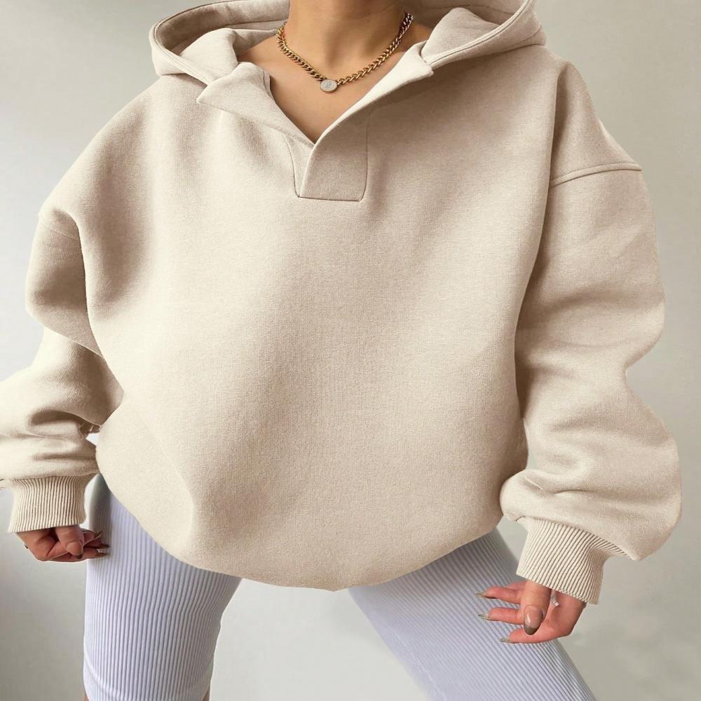 Auutmn Winter Women Solid Color Oversized V Neck Hoodie Long Sleeve Casual Pullover Sweatshirt Daily Street Outerwear Tops