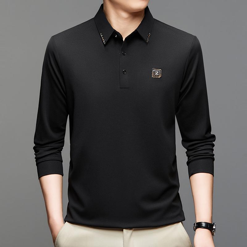 Wovey Heren Poloshirt Kraag Lange Mouwen T-shirt Herfst Geruit Print Eenvoudig Ademend Mode Zakelijk Herenkleding Top 4XL zwart