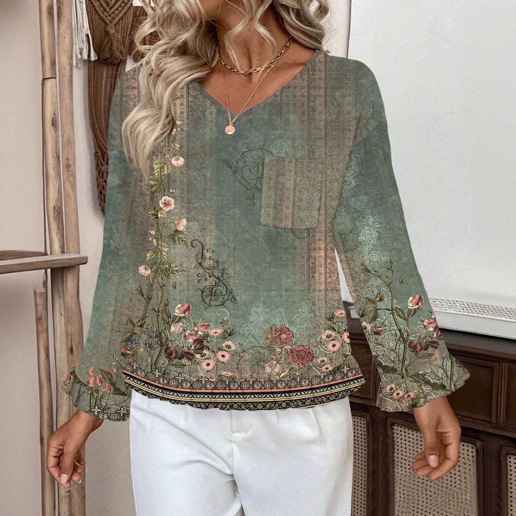 Dámský ležérní módní top s volánky, výstřihem do V, potiskem a dlouhým rukávem