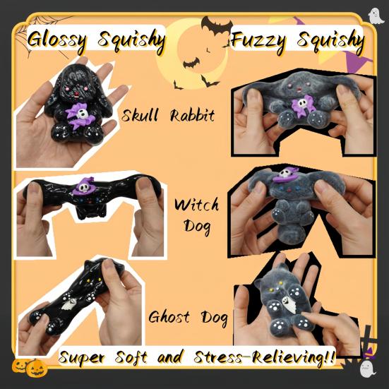 Halloween Animal Squeeze Toy Glossy Flocking Cartoon Dog Rabbit Stress Relief Pinch Sensory Toy Kids Adults Soft TPR Calming Stress Ball Fidget Toy