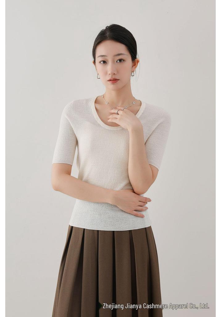 Elegant Women's 100-Count Knit Top: Short Sleeve, Round Neck, Solid Color, Slim Fit, Spring Wool Sweater.