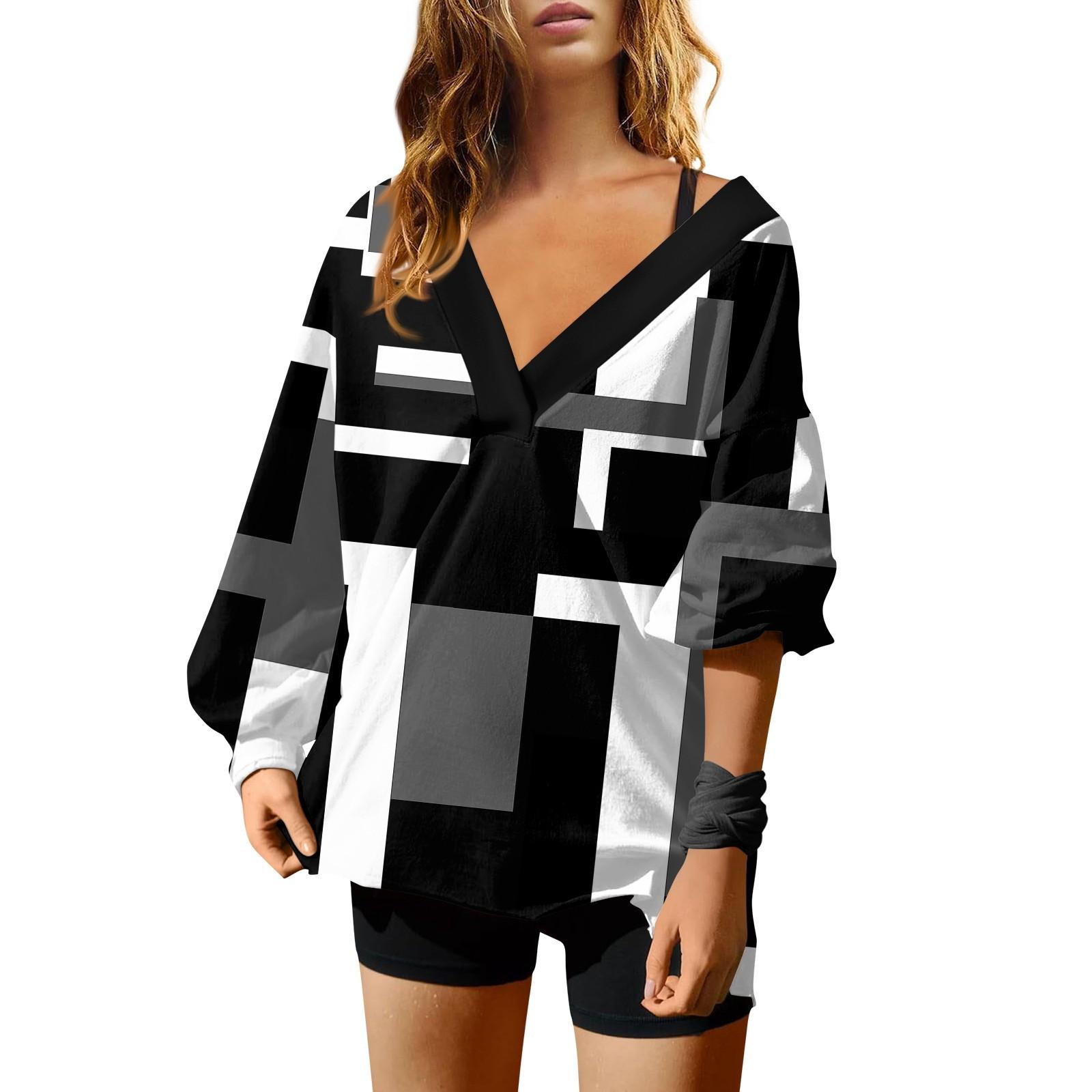 

Женская мода V-образный вырез длинный рукав принтованный свободный пуловер свитшот топ XL чёрный