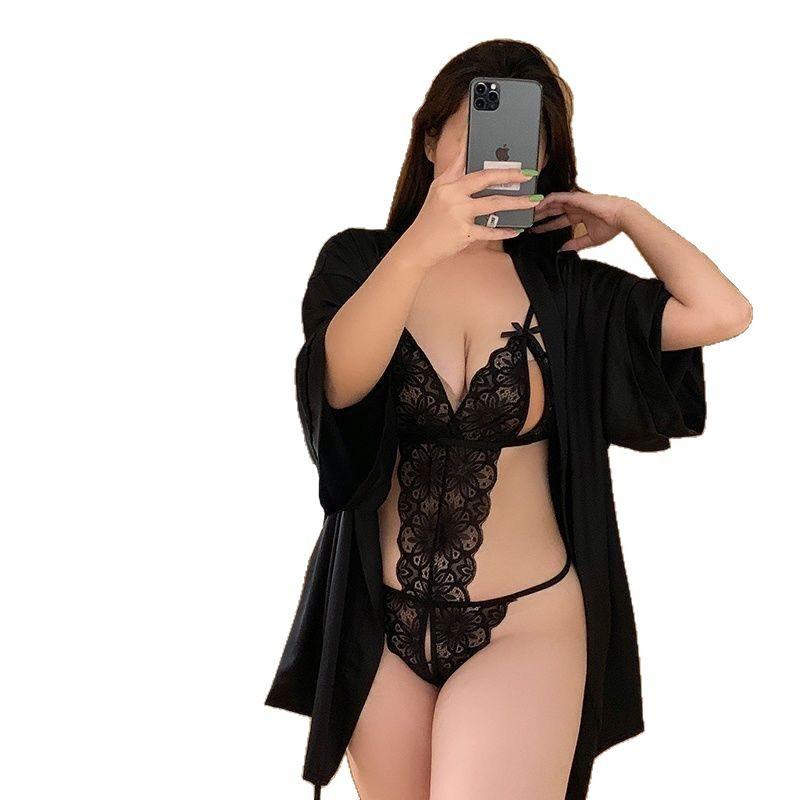 Lace black sexy one-piece suspender lingerie women's free open-file temptation hollow perspective thin suit