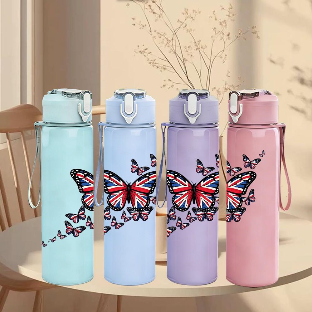 1PC Colorful Butterfly Floral Print 750ml Color Plastic Sports Water Bottle Leakproof Flip Straw Lid Suitable for Sports Office Home Use