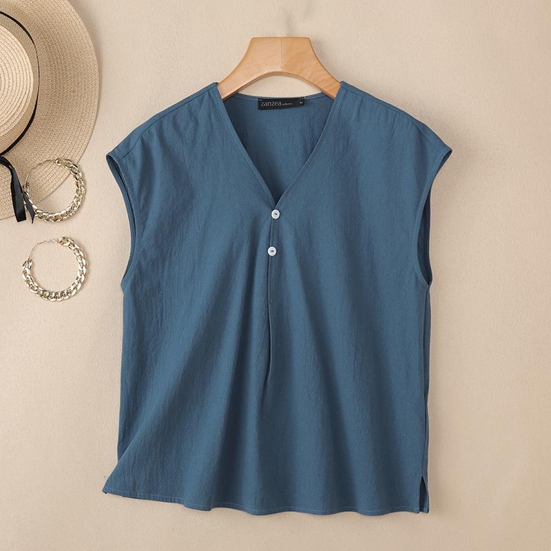 ZANZEA Women Casual V-Neck Solid Color Sleeveless Cotton Tank Tops