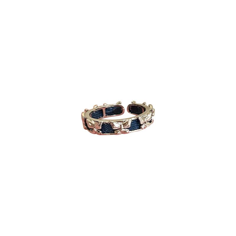Dark Blue Denim Fabric Zircon Star Opening Rings for Women Girls Fashion Popular Metal Butterfly Rings Party Jewelry Accessories