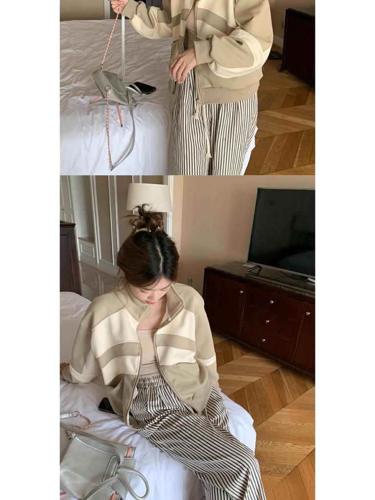 Women's Retro Colorblock Stand-Up Collar Sweatshirt Jacket, Spring/Autumn 2025, Casual Loose Baseball Cardigan.