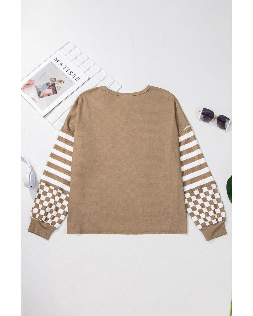 Azura Exchange Khaki Checkerboard Striped Patchwork Lantern Sleeve Pocketed Blouse