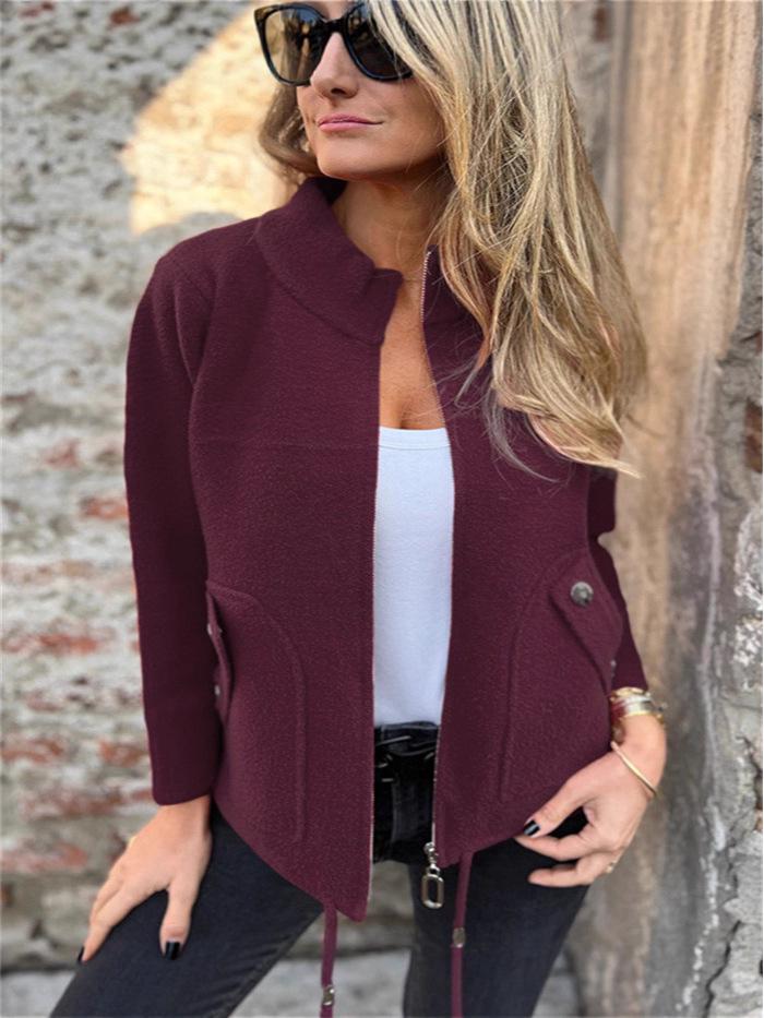 Women's Casual Woolen Tie-up Suit Jacket with Turn-down Collar and Faux Pockets - Autumn/Winter 2025 Collection