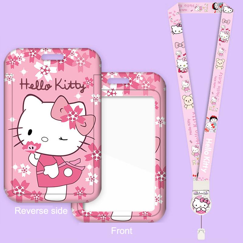 Kawaii Hello Kitty Photo Card Holder Sanrio Kt Cat Telescopic Easy-Pull Buckle Card Sleeves Pendant Meal Card Bus Card Cover