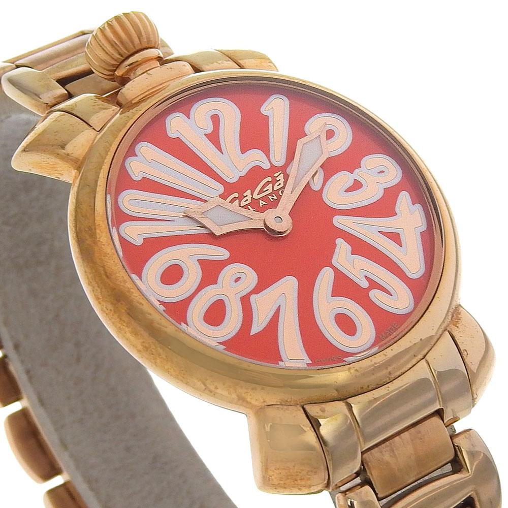 Gaga Milano Manuare 35 Uhren 6021 Rotes Zifferblatt Vergoldet Quarz Analoganzeige Damen Gebraucht