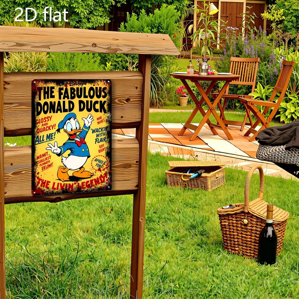 2D Flat, Disney Vintage Metal Wall Decor - Donald Duck Retro Decoration with Fabulous Title - Heavy-Duty Tinplate Sign for Home,