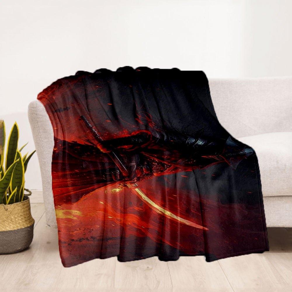 "Flaming Blade Warrior Fantasy Art Print"Blanket Flannel Throw Blanket for Sofa, Bed, Travel, Camping, Office, Couch, Chair, And Bed Gift fo