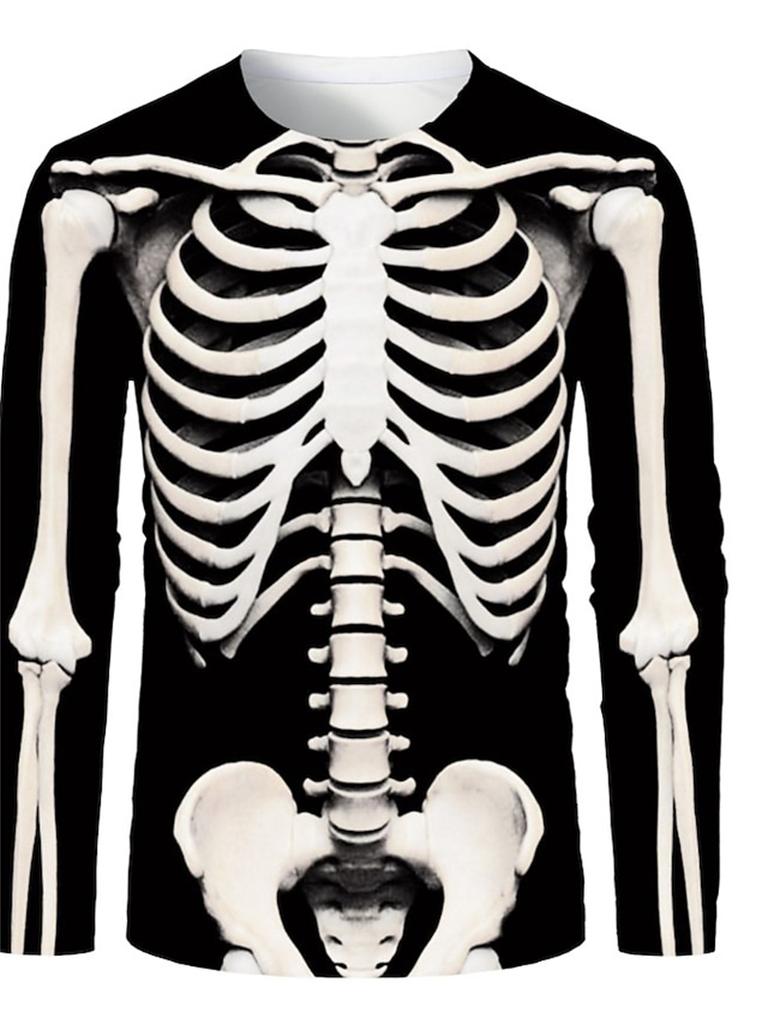 Lustiges Langarm-T-Shirt mit 3D-Totenkopf-Print für Herren, lässig, O-Ausschnitt, Baumwolle, lockere Oberteile, modische Kleidung mit menschlichem Knochenmuster, Herbst-T-Shirts